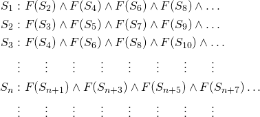 \[\begin{aligned} S_1: &~ F(S_2) \wedge F(S_4) \wedge F(S_6) \wedge F(S_8) \wedge \dots \\ S_2: &~ F(S_3) \wedge F(S_5) \wedge F(S_7) \wedge F(S_9) \wedge \dots \\ S_3: &~ F(S_4) \wedge F(S_6) \wedge F(S_8) \wedge F(S_{10}) \wedge \dots \\ ~~~~~~ \vdots & ~~~~~~ \vdots ~~~~~~ \vdots~~~~~~ \vdots~~~~~~ \vdots~~~~~~ \vdots~~~~~~ \vdots~~~~~~ \vdots\\ S_n: &~ F(S_{n+1}) \wedge F(S_{n+3}) \wedge F(S_{n+5}) \wedge F(S_{n+7}) \dots \\ ~~~~~~ \vdots & ~~~~~~ \vdots~~~~~~ \vdots~~~~~~ \vdots~~~~~~ \vdots~~~~~~ \vdots~~~~~~ \vdots~~~~~~ \vdots \end{aligned}\]